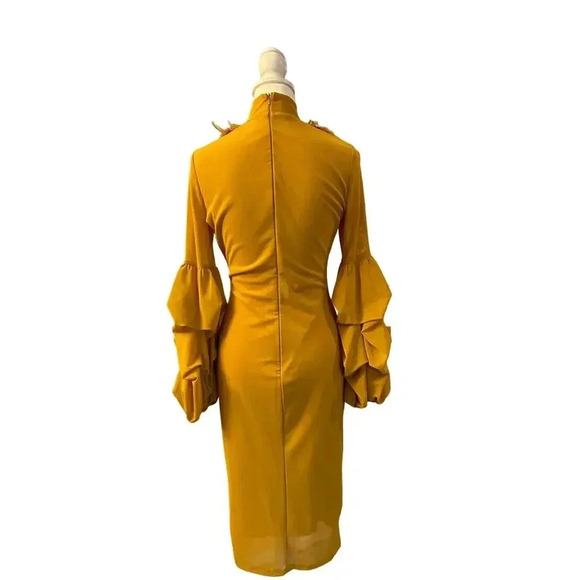 CQbyCQ UNIQUE FEATHER mustard plume  LONG PUFFY SLEEVES SIZE SMALL - Picture 9 of 10